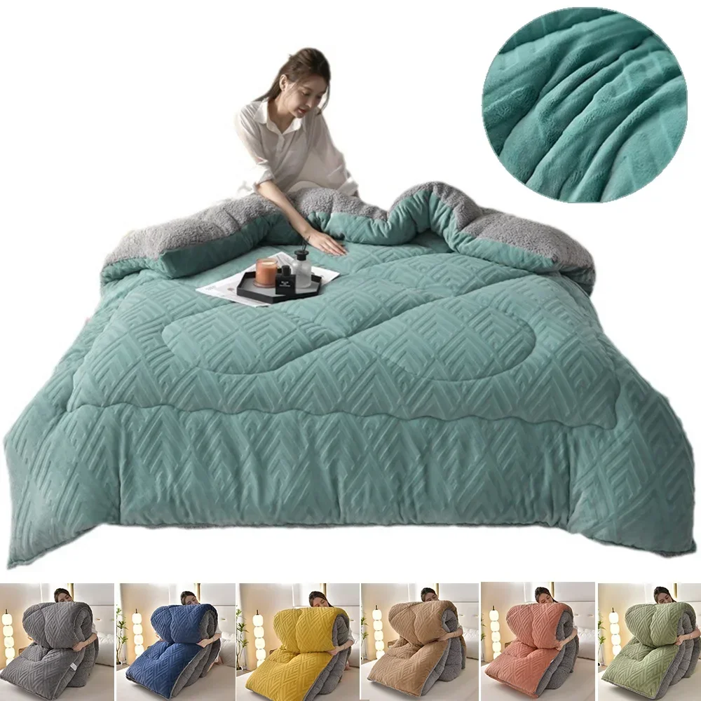 Thickened SolidColor Warm Lamb Wool Quilt Winter Thickened Cotton Quilt Warm Cotton Double sided Velvet Soft Extra Large Blanket