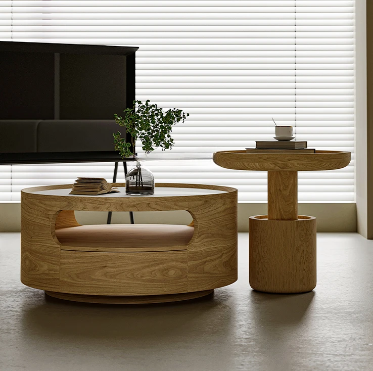 Nordic Solid Wood Coffee Table round Small Apartment Design Sense Child and Mother Log Sofa and Tea Table Stone Plate