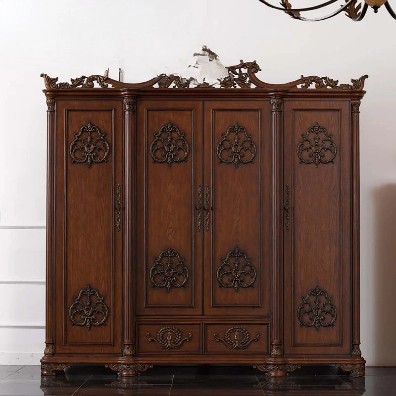 Large Wardrobe, Locker, Court European-style Solid Wood Carving Four Doors