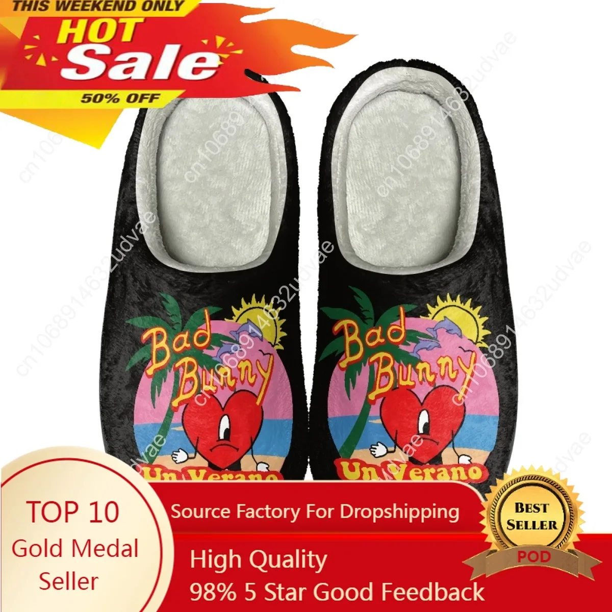 Bad Bunny UN VERANO SIN Home Cotton Slippers Mens Womens Sandals Plush Casual Keep Warm Shoes Thermal Print Design Custom Slippe