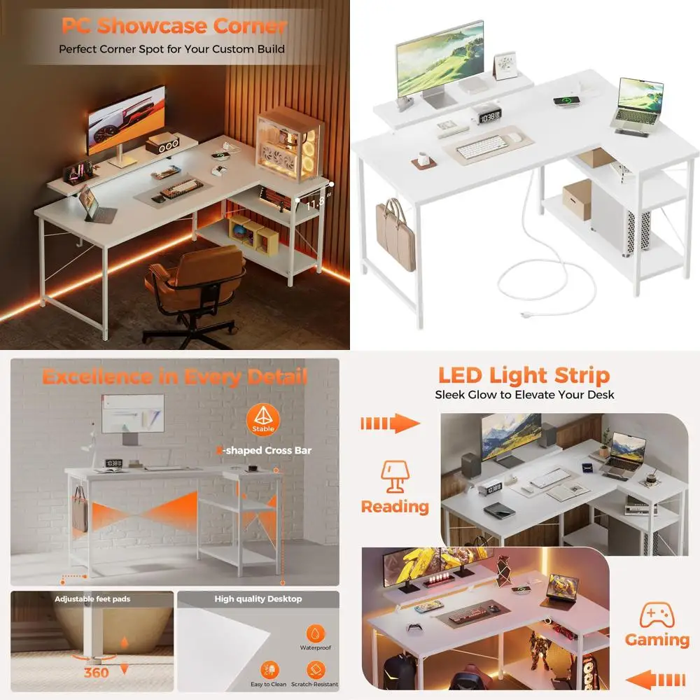 

Реверсивный L-образный игровой стол с местом для хранения и подставкой для монитора, идеально подходит для учебы и письма