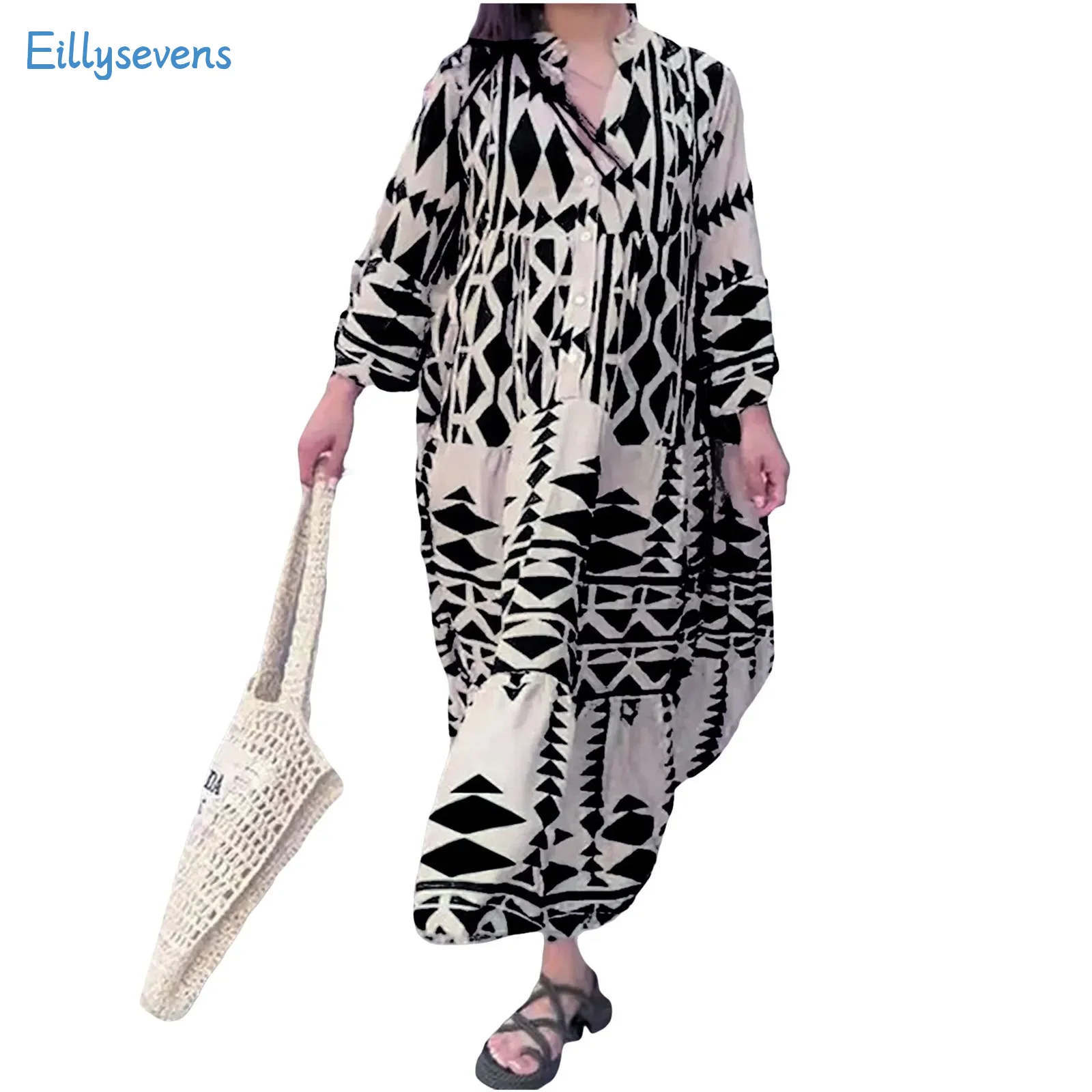 

Women'S Long Sleeve Dresses Fashion Classic Print V Neck Button Maxi Dress Summer New Bohemian Style Vacation Loose Long Dress