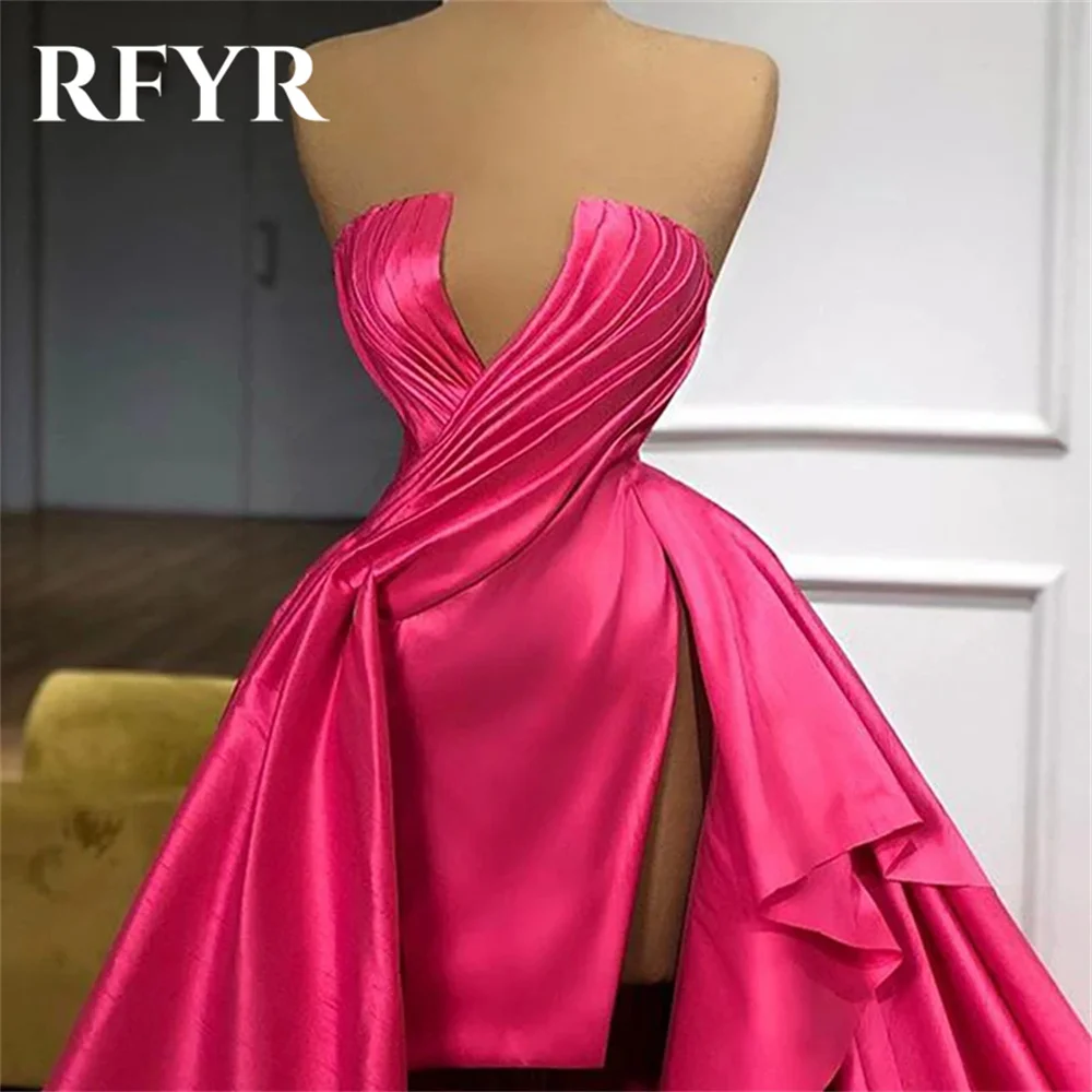 RFYR Pink Stain Prom Dress V-Neck Party Dresses A Line Sleeveless Celebrity Gowns Pleats Wedding Party Dress вечерние платья