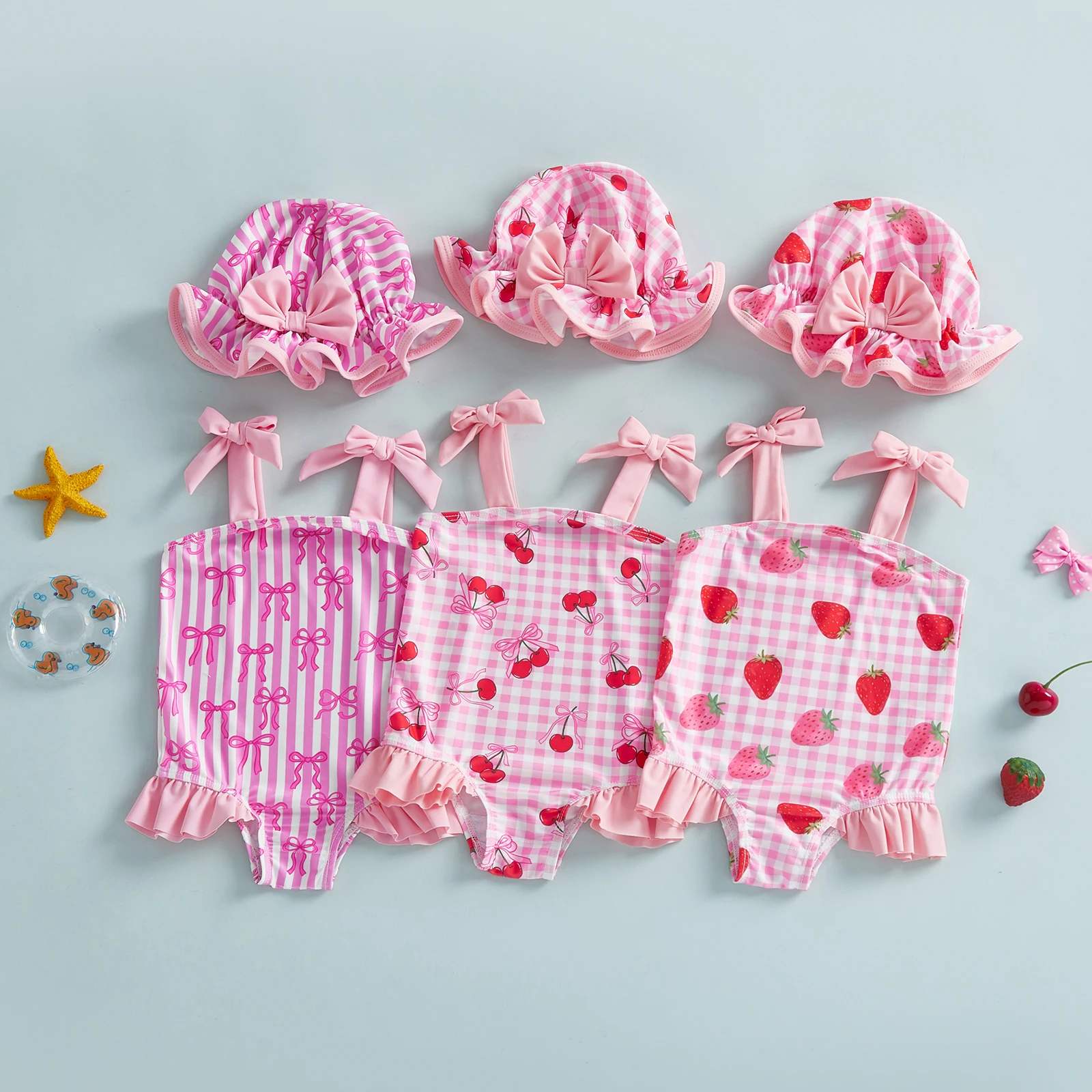 

Summer Toddler Girl Swimsuit Strawberry Bow Cherry Print Sleeveless Tie Shoulder Bathing Suit Swim Cap Clothes