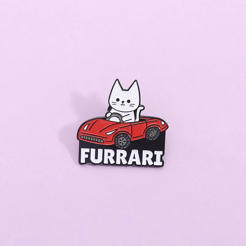 Cartoon driven sports car kitten metal accessory badge Enamel Pins Cute interesting animals Brooches Fashion Jewelry Gift