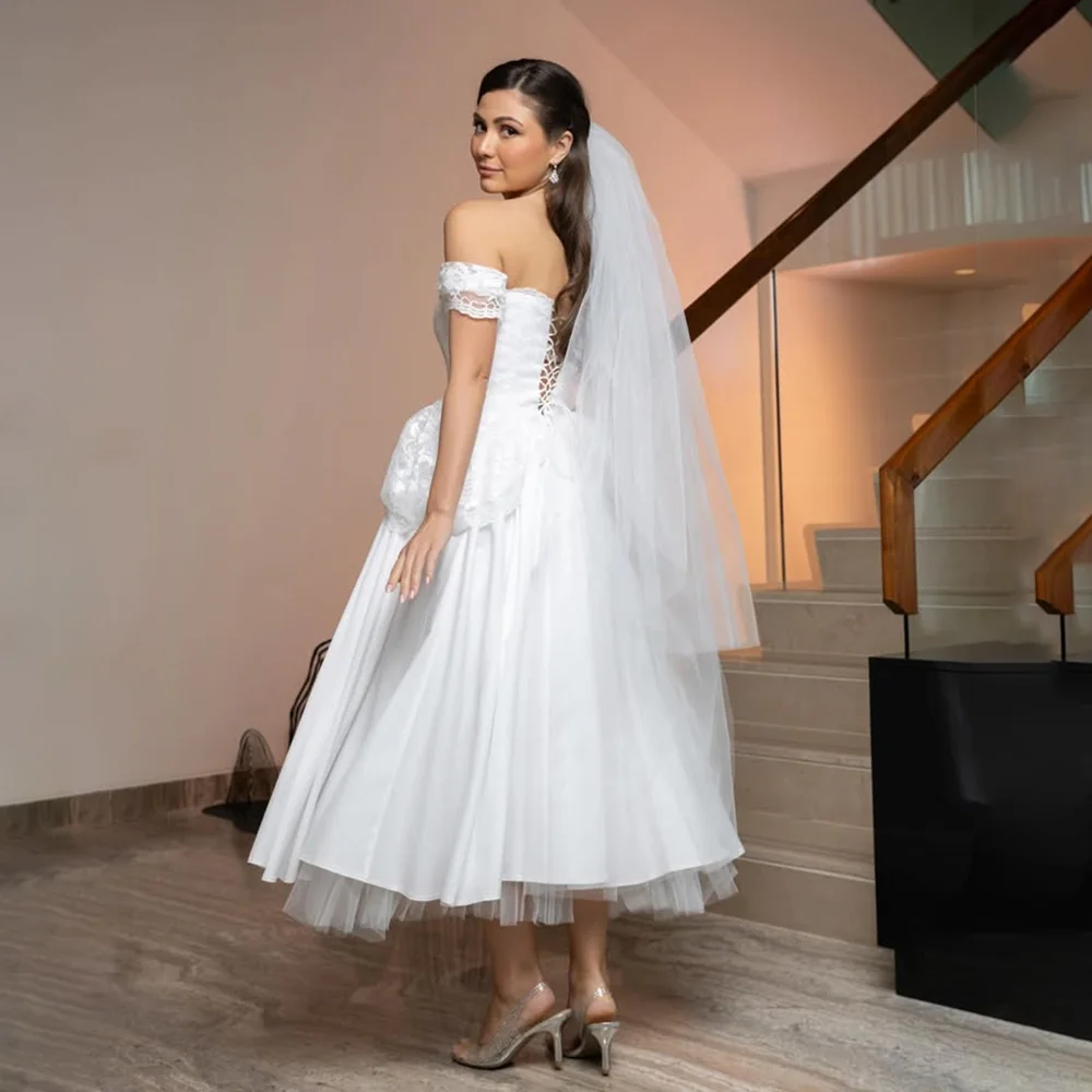 Elegant Wedding Dress Off The Shoulder Lace Applique A Line Tea-Length Bridal Dress Lace-up Back Summer Wedding Gowns Customized