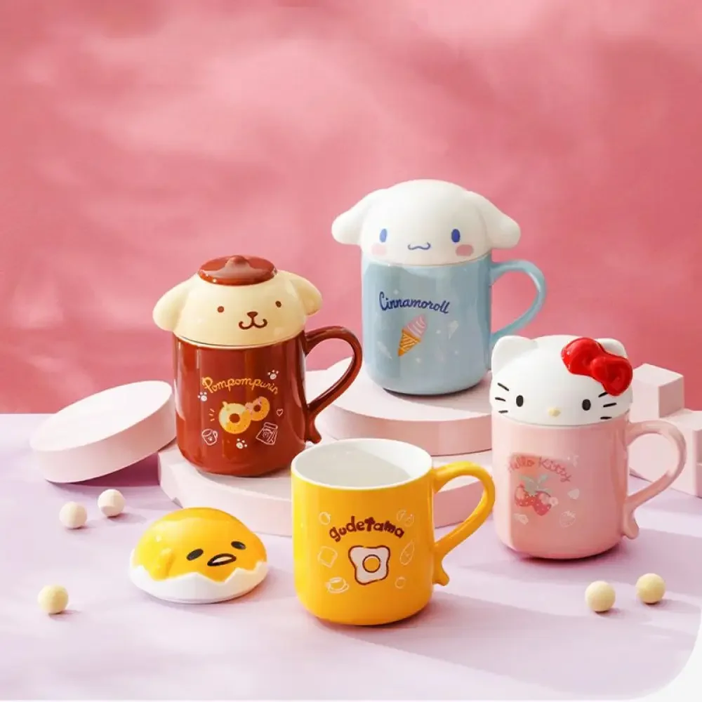 Mug Kawaii Sanrio Hello Kitty Anime Figure Cinnamoroll 350Ml Cup Coffee Ceramics with Cover Milk Tea Office Household Plush Cute