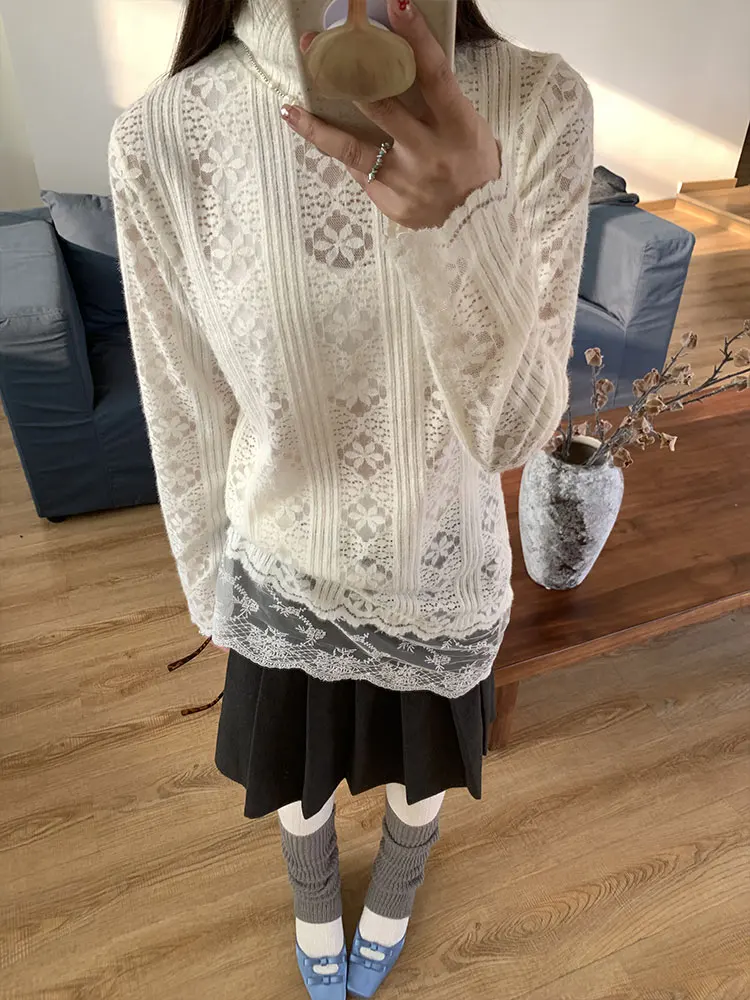 

White Lace Splice Base irt Women's Faion plus Size Long Sve High Collar Mid-Length Premium Feel Inner Wear Layering Top