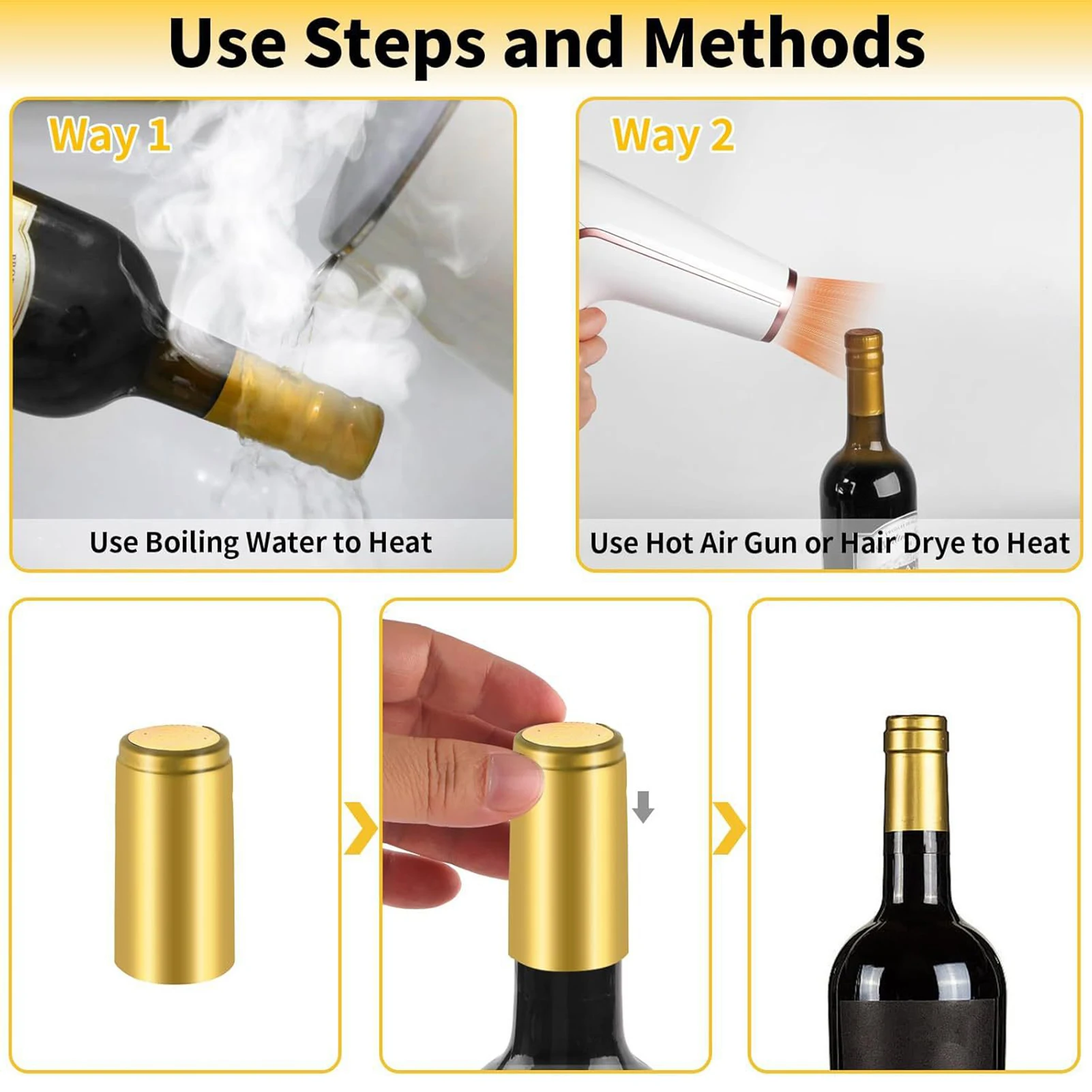 150PCS PVC Wine Bottle Heat Shrink Caps in 3 Colors Red/Gold/Black Seal Caps for Wine Bottle Capsules Shrink