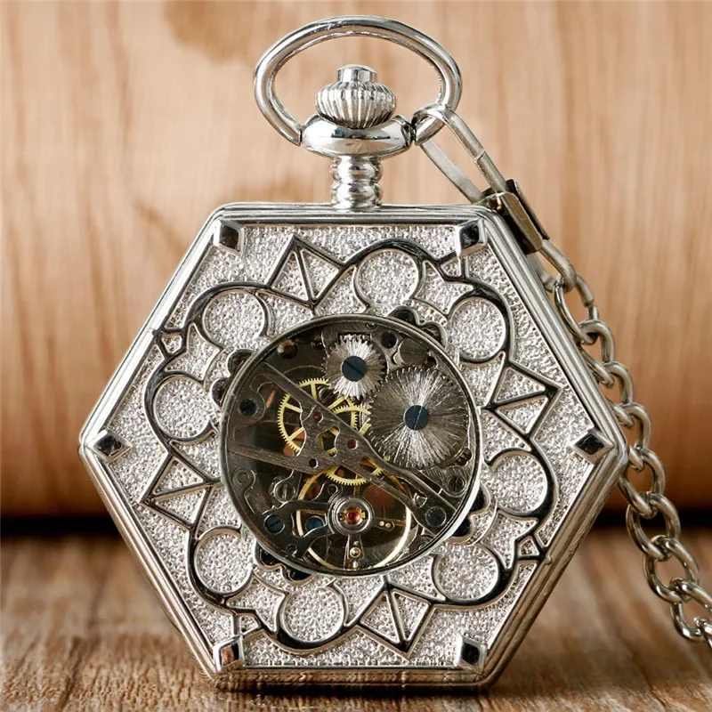 Silver Hollow Hexagon Shape Unisex Handwinding Mechanical Pocket Watch with Pendant Chain Skeleton Roman Number Dial Timepiece