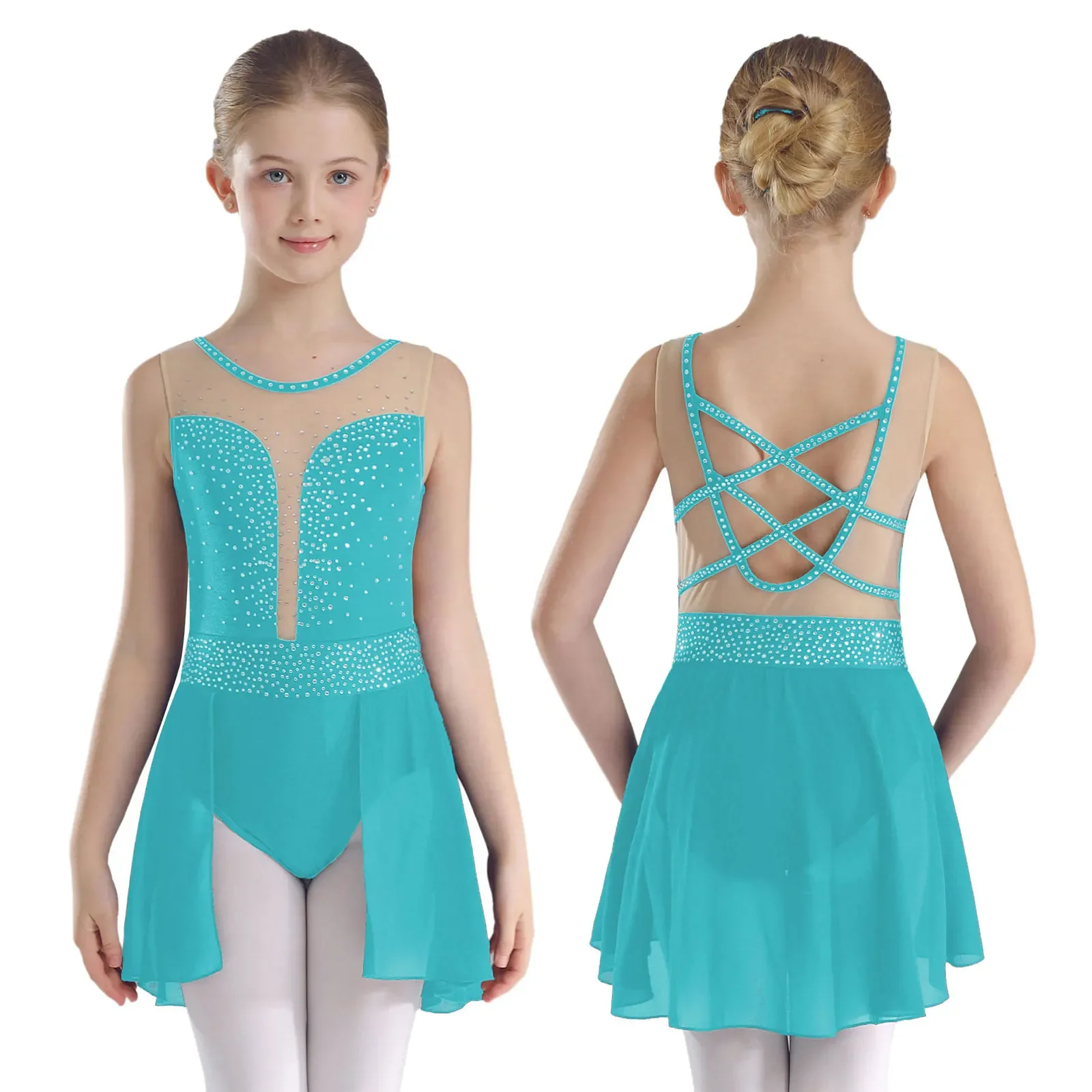 Robe de patinage artistique pour enfants filles, Costume de spectacle, strass scintillants, dos croisé, justaucorps de danse de Ballet, gymnastique lyrique