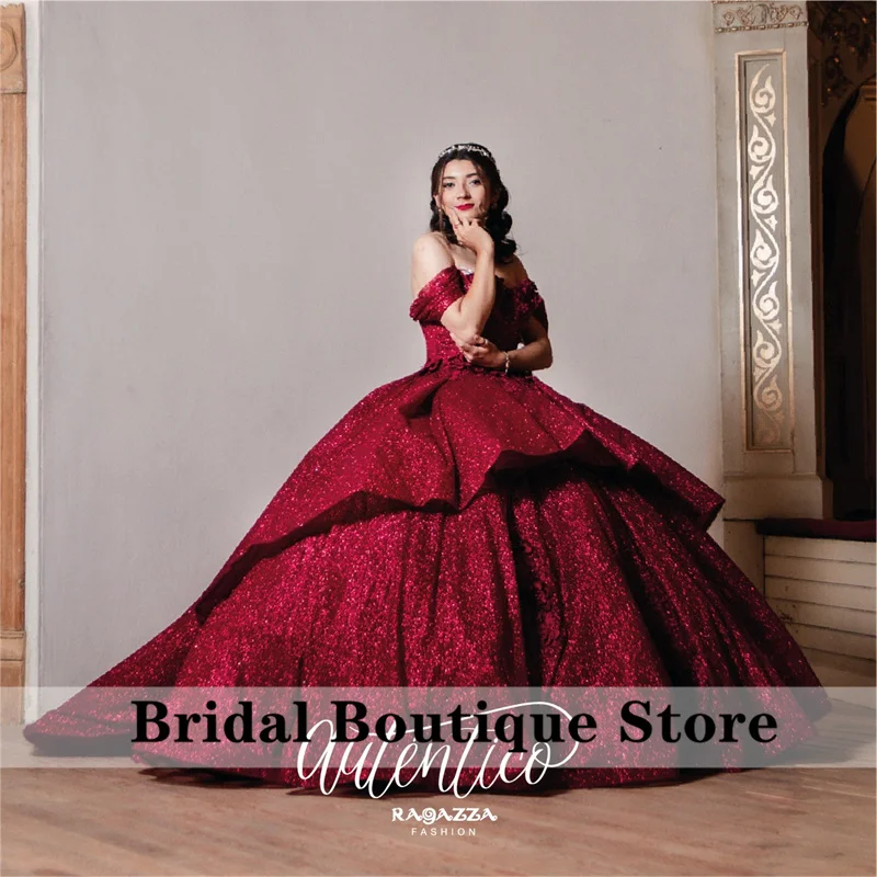 

Princess Burgundy Ball Gown Quinceanera Dress Sweet 16 Dress Flower Appliques Crystals BeadsVestidos De 15 Años Prom Party