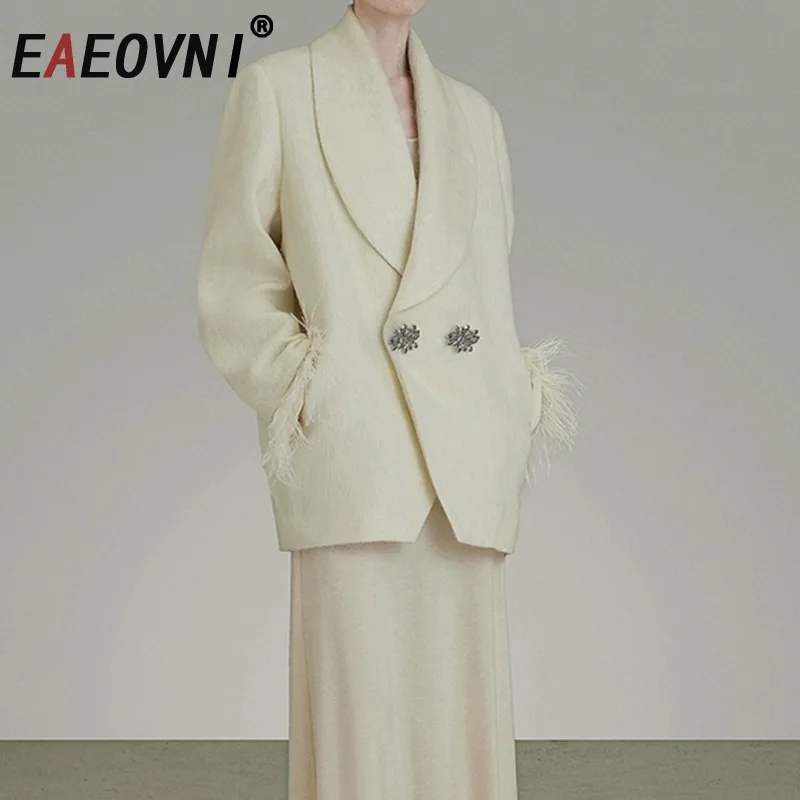 EAEOVNI ريشة تقسم تصميم المرأة البدلة معطف موضة التلبيب طوق كم طويل زر تصميم سترة ملابس أنيقة #1