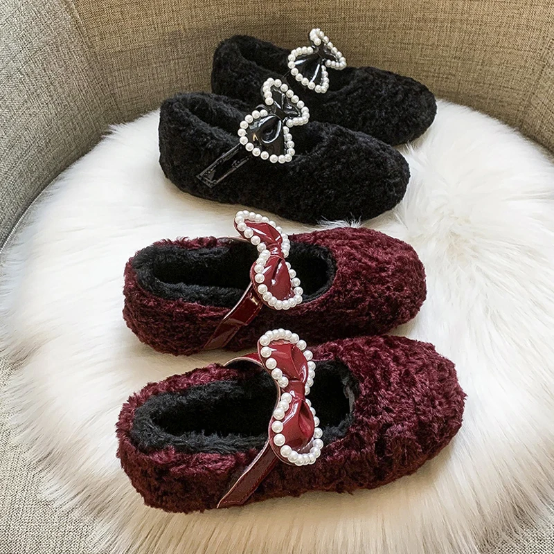 Red Teddy Fur ballerine Kid Girl Warm Thick Plush Mary Janes Child Winter Fluffy Party Princess Shoes con Pearl Bowknot