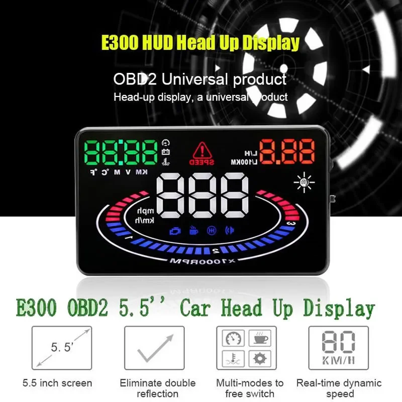 New 5.5 inch E300 Car HUD Head Up Display Speed RPM Water Temperature Battery OBDII Interface with 2D Vision