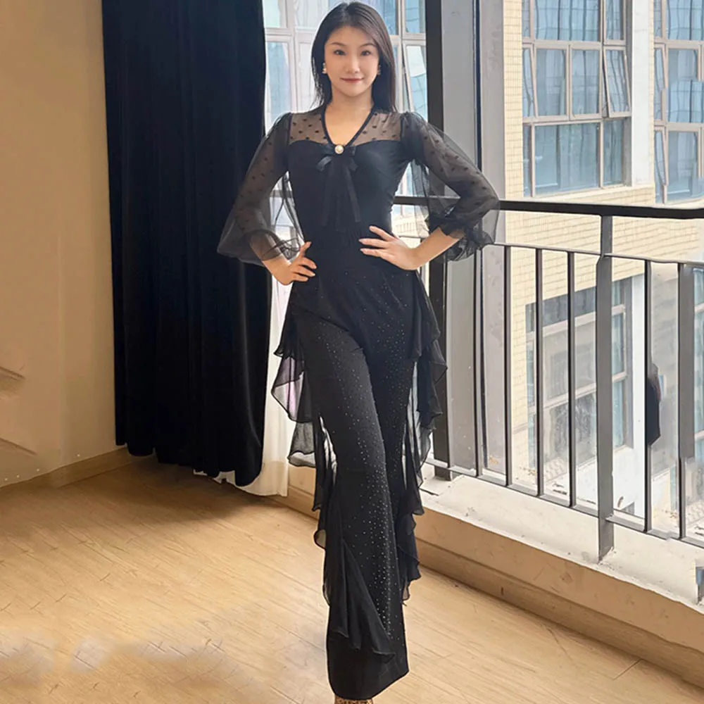 Latin Dance Costume Women Stage Performance Wear Gauze Puff Sleeve V-neck Bodysuit Black Pants Famale Dance Traning Suit