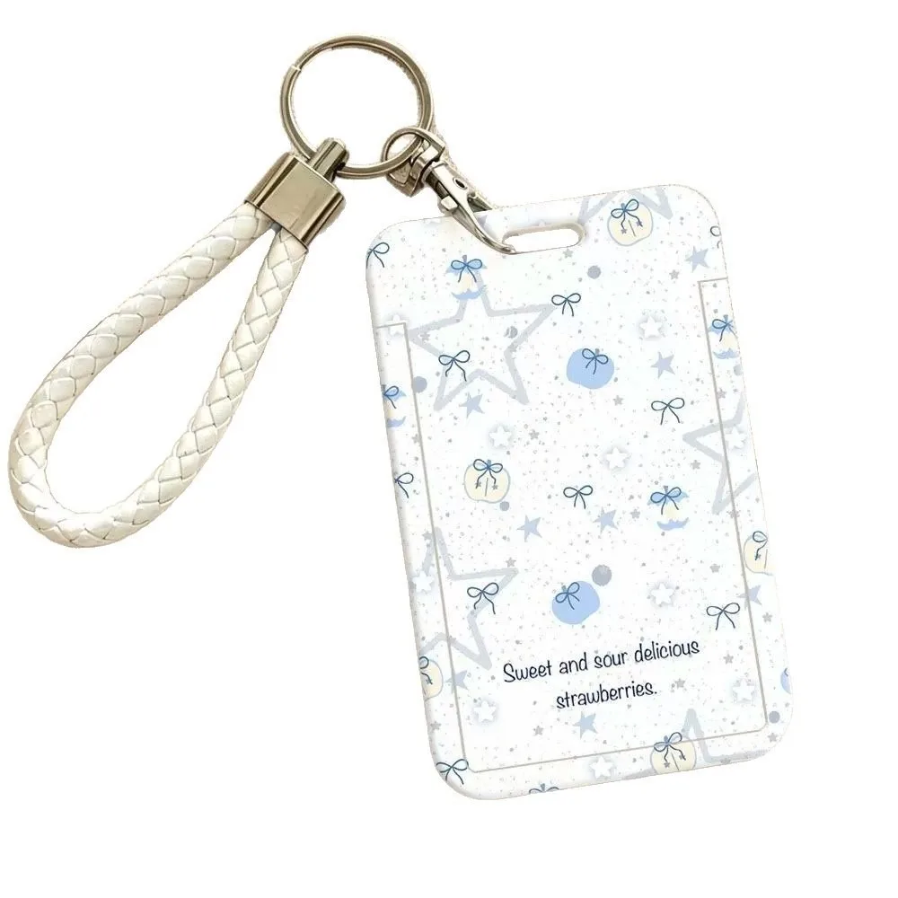Hard Plastic Card Holder Polka Dots Blue Star Pattern Student Id Card Case with Wrist Lanyard Slide Cover Card Sleeve Bus Pass