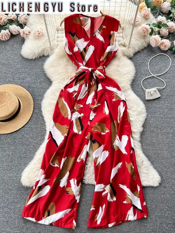 New Elegant Style Chic Jumpsuit Women V-neck High Waist Contrast Color Print Wide Leg Jumpsuits Winter Spring