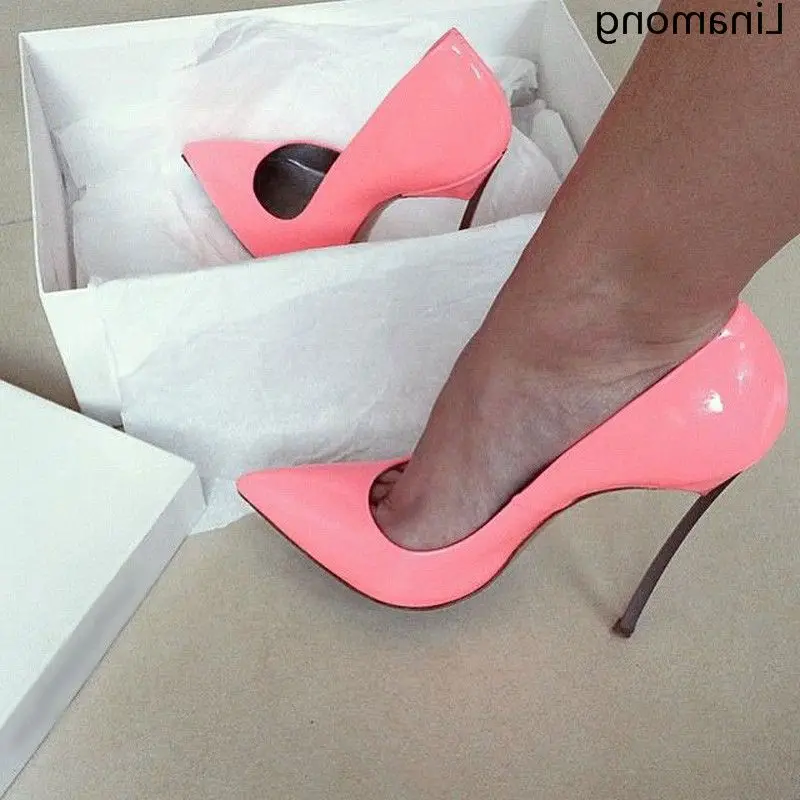 

Sexy Women Patent Leather Pumps Pointed Toe Stiletto Heels Concise Metal Heel Design Charming Dress High Heel Shoes