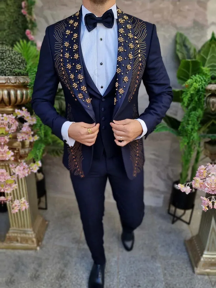 Traje de esmoquin con cuentas de lujo, Blazer, pantalones, chaleco, un botón, perlado, moda formal, graduación, boda, novio, talla grande, personalizado, 3 piezas