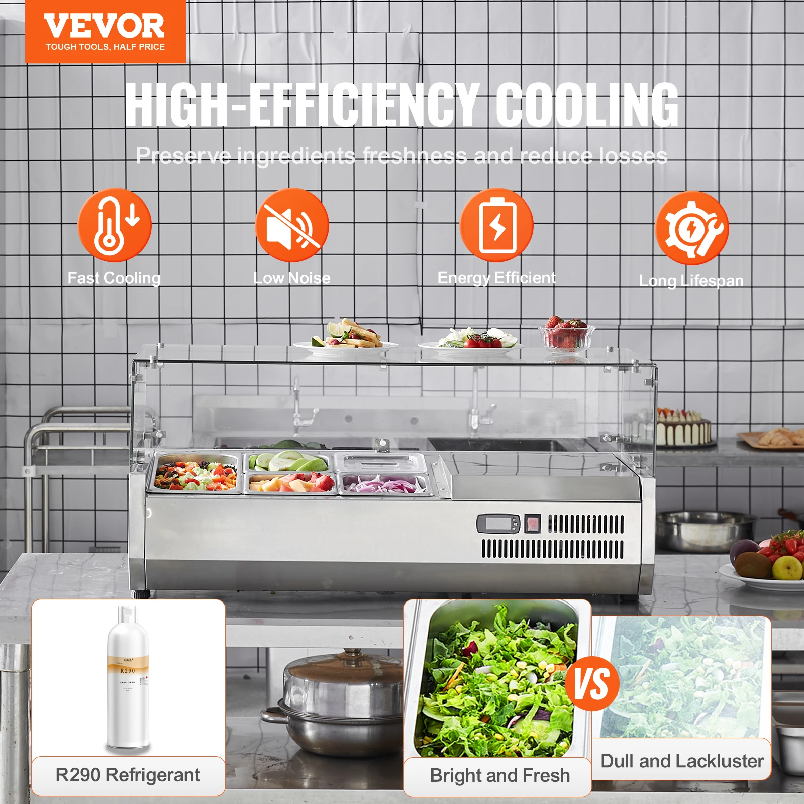 VEVOR Refrigerated Condiment Prep Station 130W with 1 1/3 Pan & 4 1/6 Pans 304 Stainless Body and PC Lid with Glass Guard ETL
