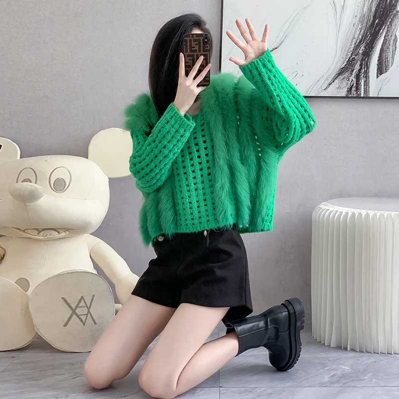 Knitted woolen sweater woman 2022 new autumn winter short gentle chic fox hair hollow out design net red sweater coat