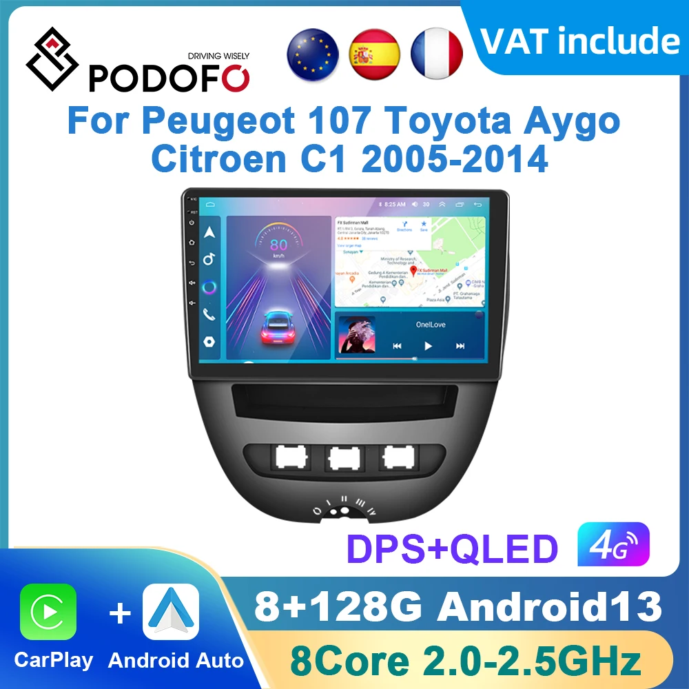 Podofo Android Carplay Car Radio For Peugeot 107 Toyota Aygo Citroen C1 2005 - 2014 Android Auto Multimedia Navigation GPS DSP