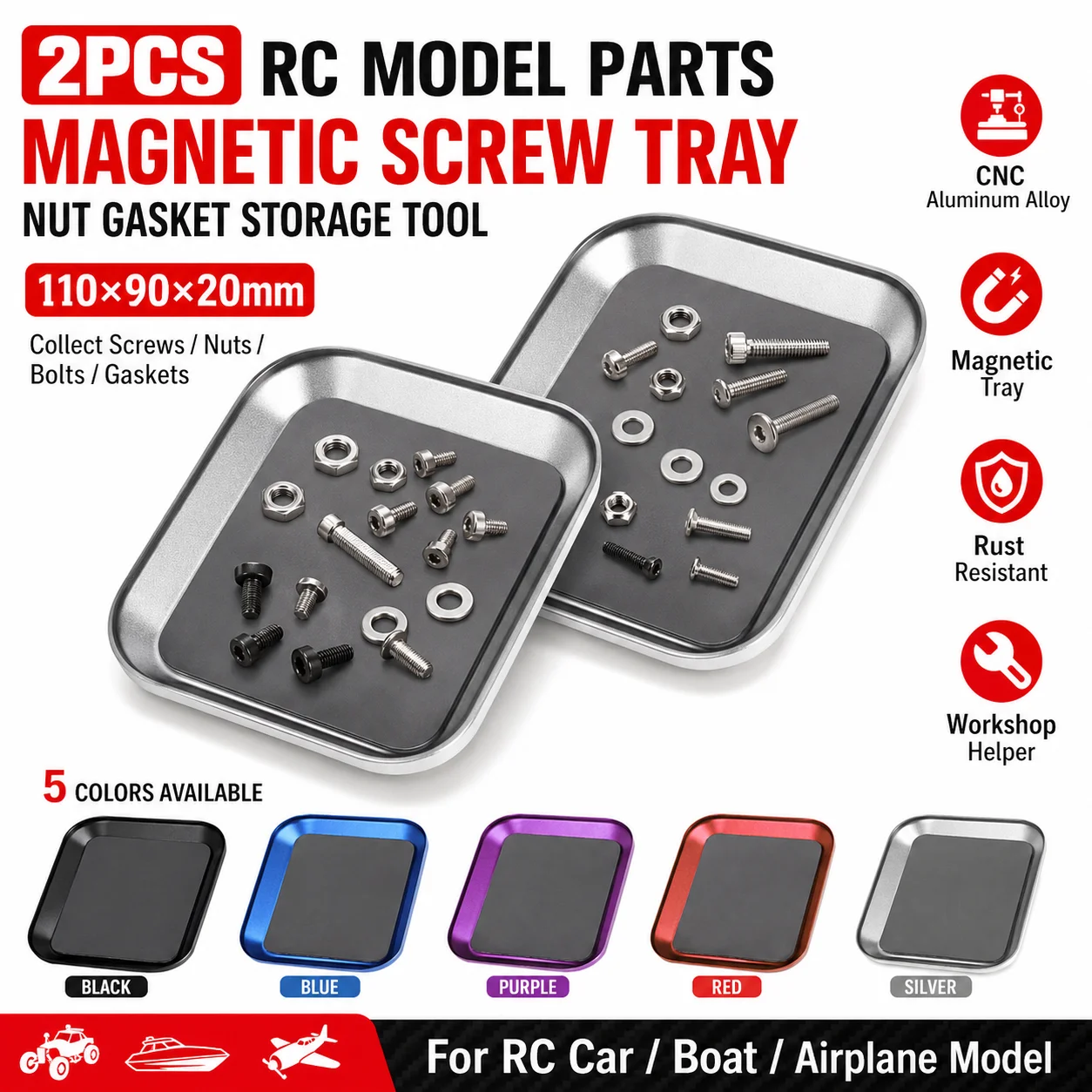 2PCS RC Model Parts CNC Aluminium Magnetic Screw Tray Nut Gasket Storage Tool 110*90*20mm for RC Car Boat Airplane Model