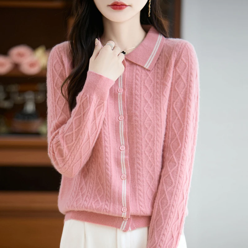 

Осень/зима 2025, 100% шерстяной вязаный кардиган, свитер, женская одежда, пальто с воротником-поло, женские топы с длинными рукавами, корейская модная куртка