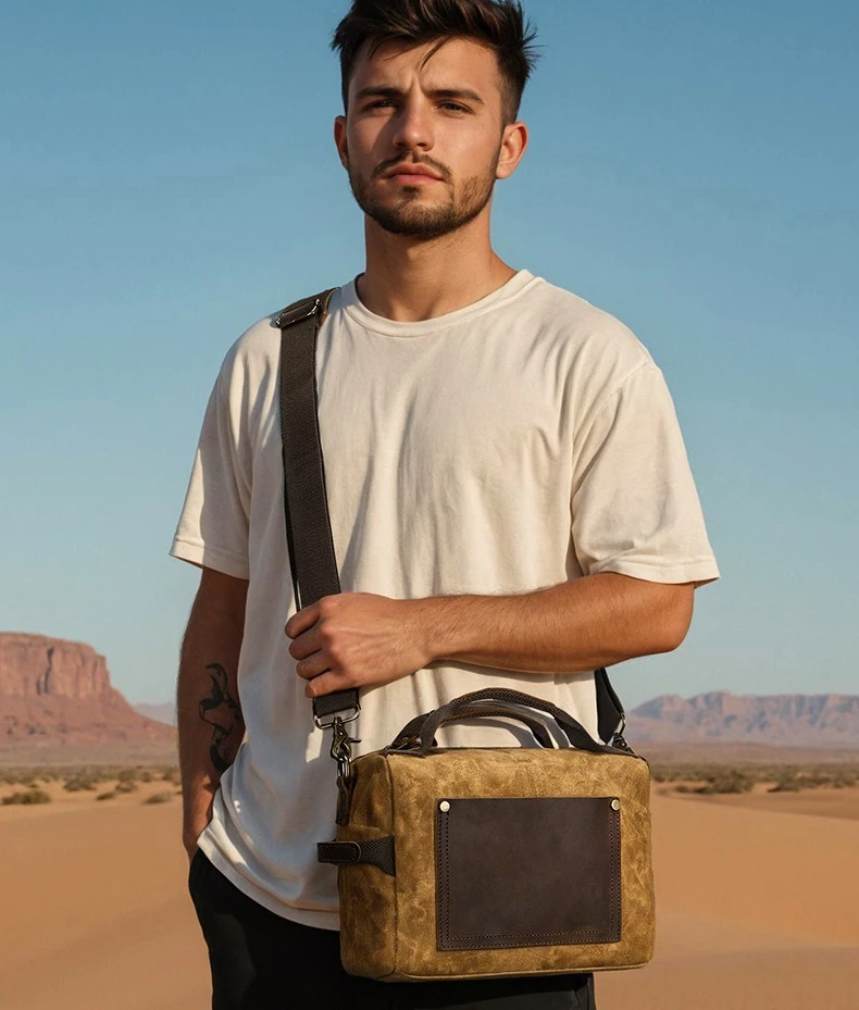 Dyed canvas and leather patchwork crossbody bag for men's hand-held retro square three-dimensional single-shoulder bag