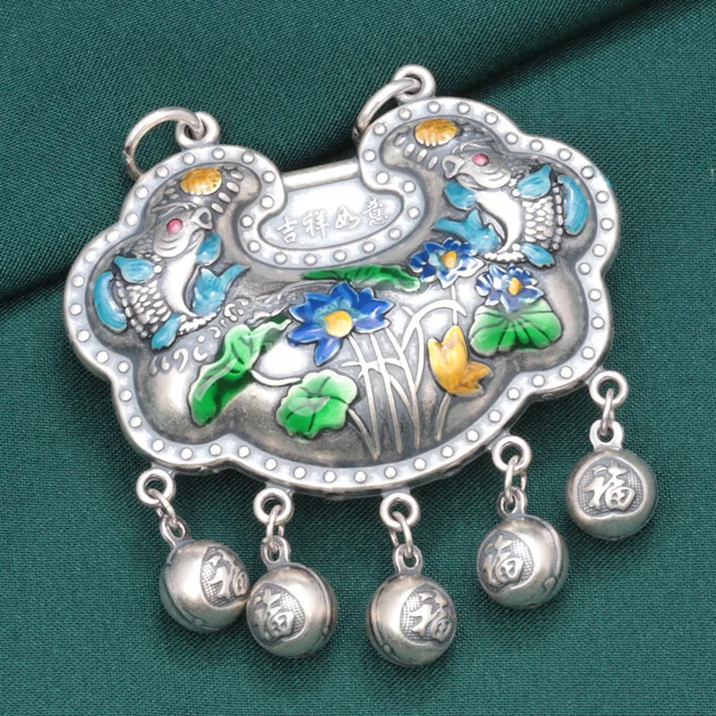 Classic ethnic style color enamel craftsmanship double-sided lotus fish Ruyi lock pendant silver 925 retro necklace jewelry gift