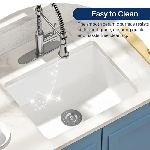 

24 Inch White Ceramic Undermount Single Basin Kitchen Sink With Drain Strainer