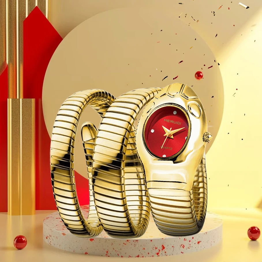 A women's red snake shaped strap, personalized and trendy high-end quartz watch, graduation season gift, commemorative gift
