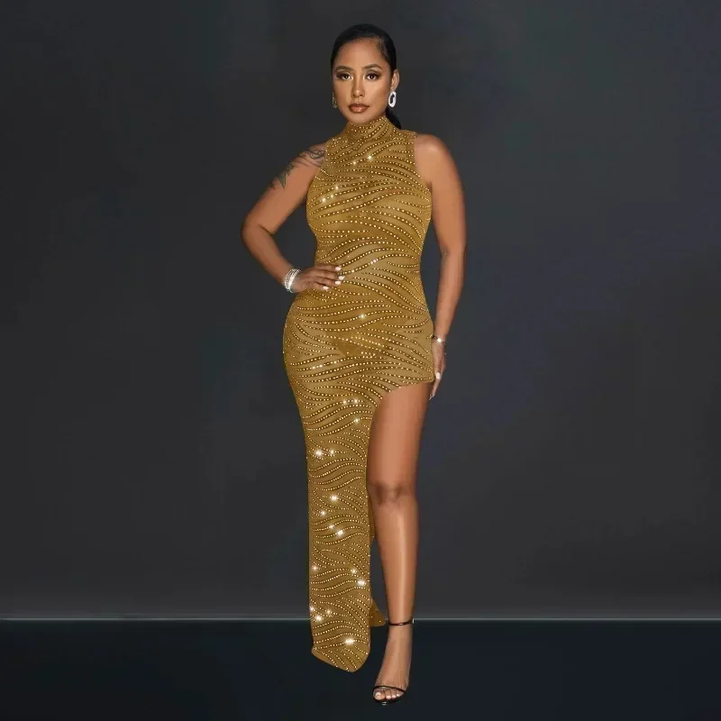 GUWU Mesh See Though Diamonds Hot Rhinestones High Side Split Bodycon Midi Maxi Dress Vestidos Women Sexy Party Dresses