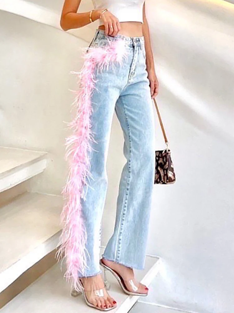 DEAT Women's Jeans High Waist Colored Feathers Long Straight Customized Denim Micro Flared Pants 2024 Autumn New Fashion 29L2978