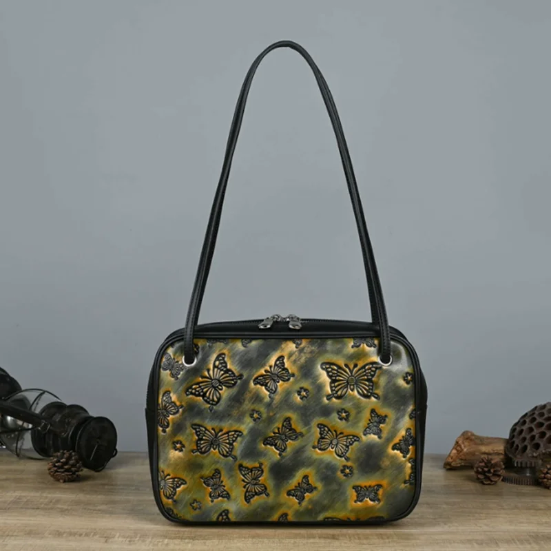 Retro handcrafted print Fashion Genuine Leather Women Flowers Tote Cow Leather Ladies Girls Party Handbags Leisure Shoulder Bag