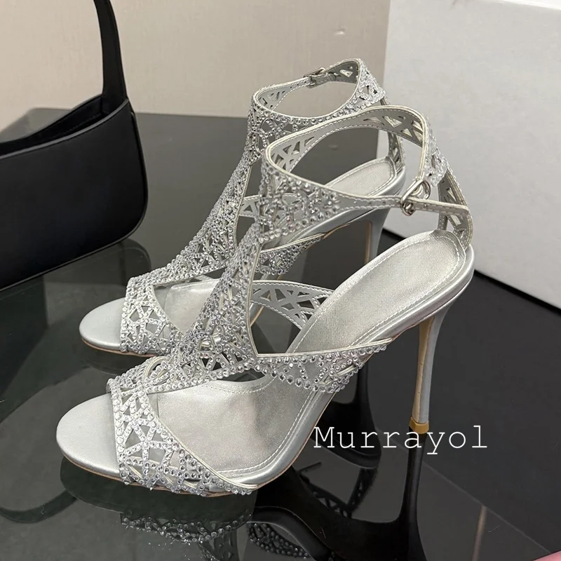 Bling Bling Rhinestone Sandals Women Real Leather Thin High Heels Ankle Strap Sandalias Mujer Summer Party Dress Wedding Shoes view 6