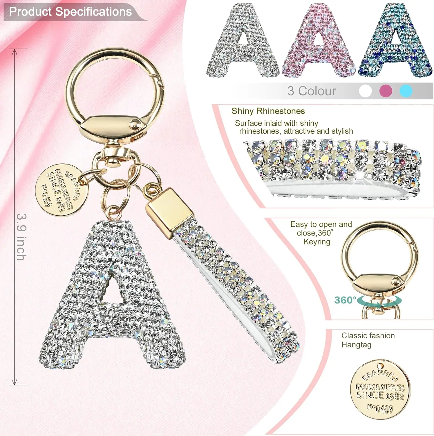 Pink Blue White Initial Letter Keychain Gift For Women Girls Bling Sparkly Cute Backpack Car Key Accessories Lanyard