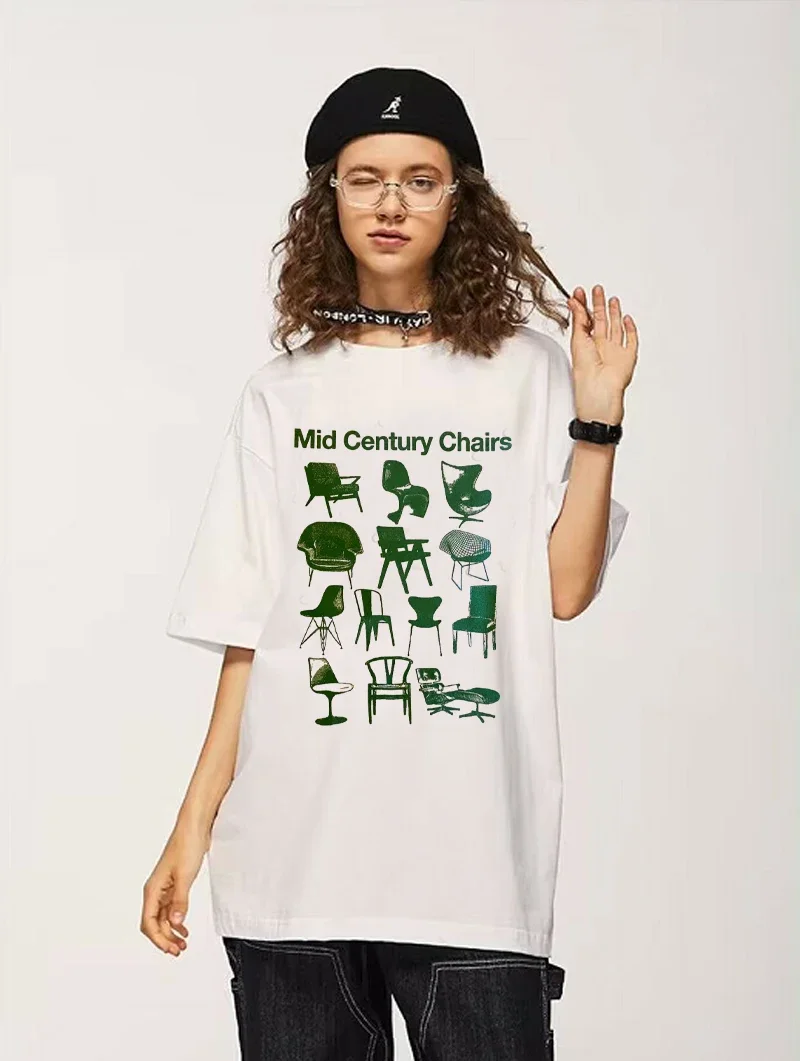 Mid Century Chairs Vintage Style Printing Graphic Tees Unisex Loose Cotton Short Sleeve Tops Tees Street Fashion Summer T Shirts