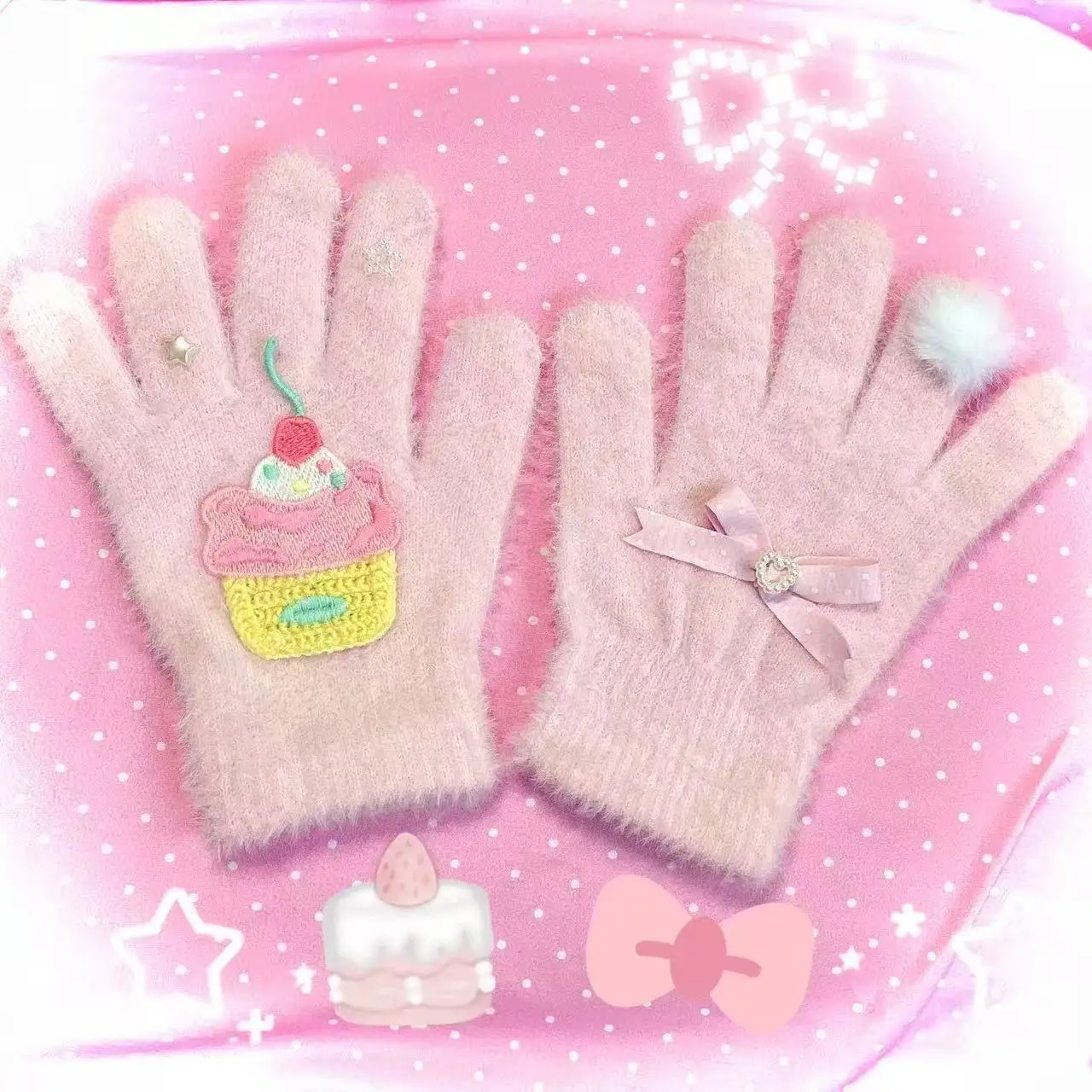

Lolita Winter Warm Knitted Full Finger Gloves Women's Light Pink Bow Sweet Cake Gloves Lady Thickened Fleece Women Mittens