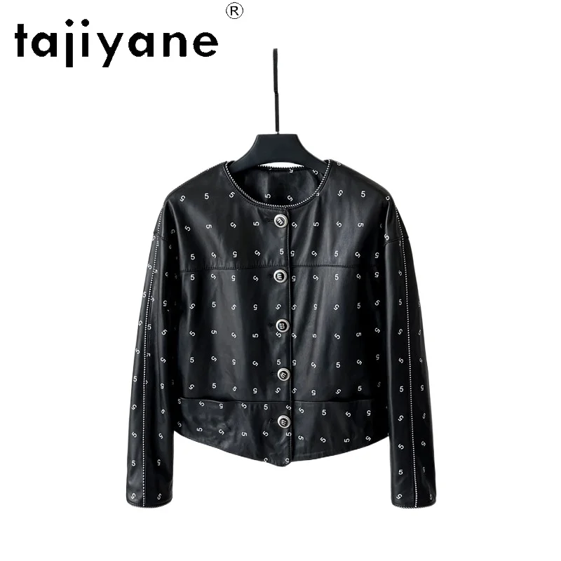 TAJIYANE Real Sheepskin Leather Jacket Woman Print O-Neck Coat Fashion Autumn Short Genuine Leather Jackets Women Clothing 2026