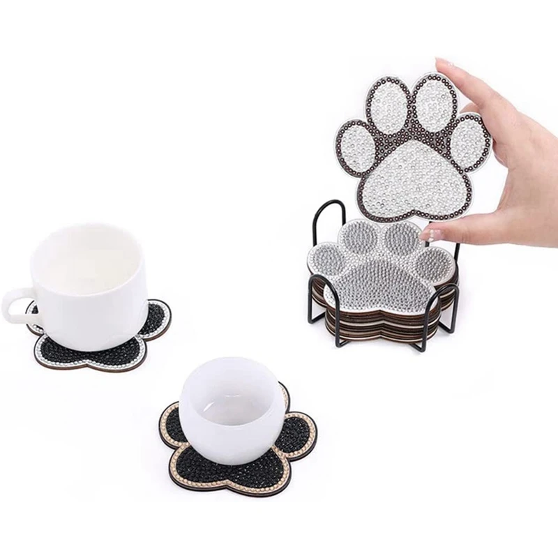 Dog Paw Shaped Diamond Painting Coasters Kit Kits Cat Pet DIY Set Kit With Holder