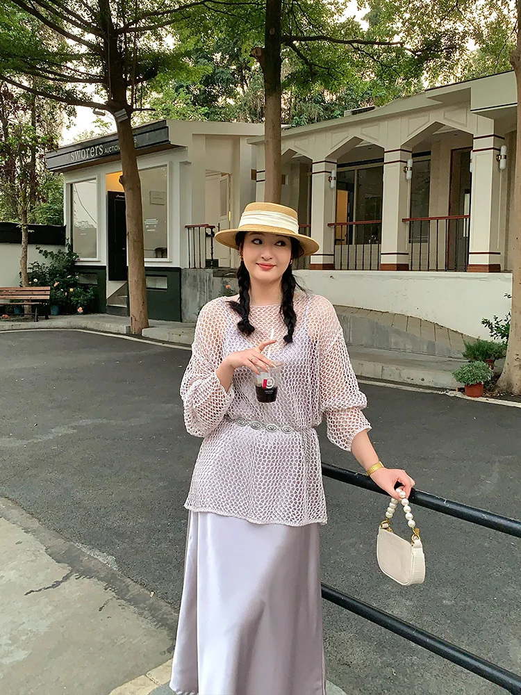 

Linda Xiaobai Hollow out Women's T-Shirt plus Size Korean Style Summer New Fashion Sun Protection Meat Concealing Top