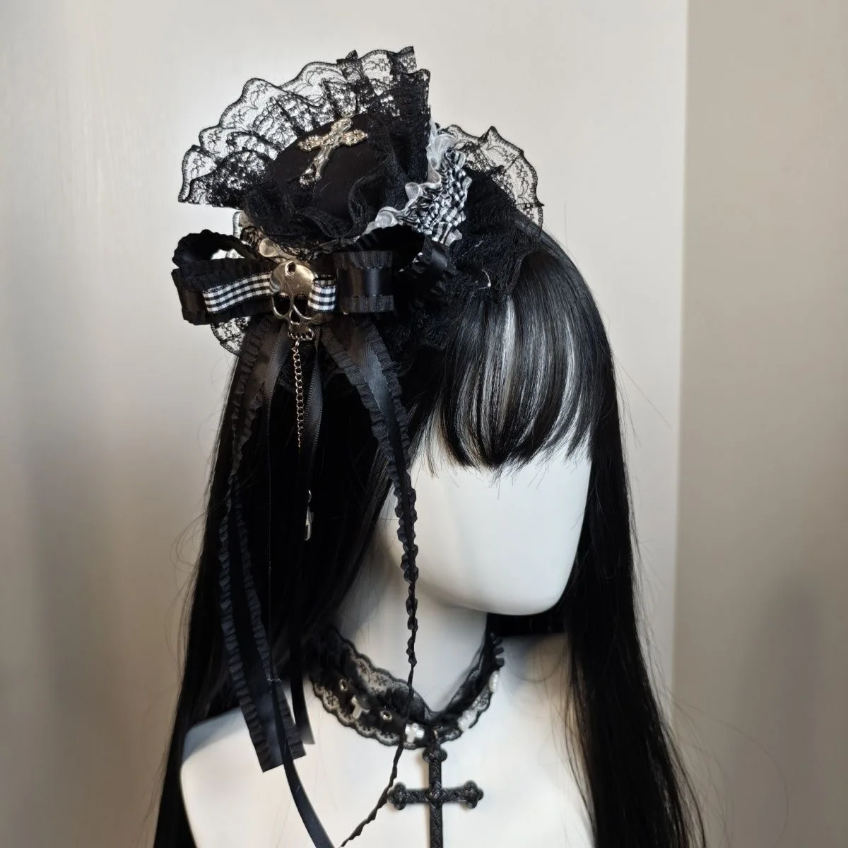 Y2K Headwear Lolita Harajuku Girl Dark Gothic Bow  Lace Skull Cross Small Hat Hairpins Mini Top Hat  Hair Clip