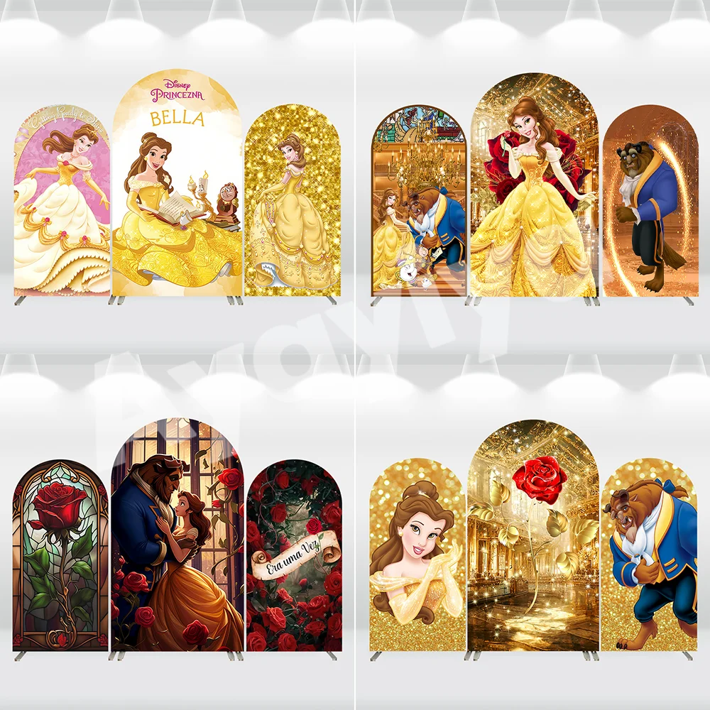

Принцесса Белль Девушка Арка Стены Панели Крышка День Рождения Поставки Золотой Дворец Красавица и Чудовище Тема Арка Фон Баннер