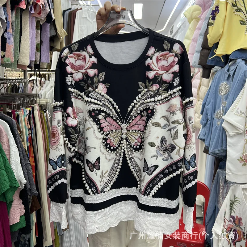 Trendy New Spring Autumn Long Sleeve T-shirt Butterfly Printed Diamonds Beads Round Neck Pullover Top Women Casual Sweatshirt
