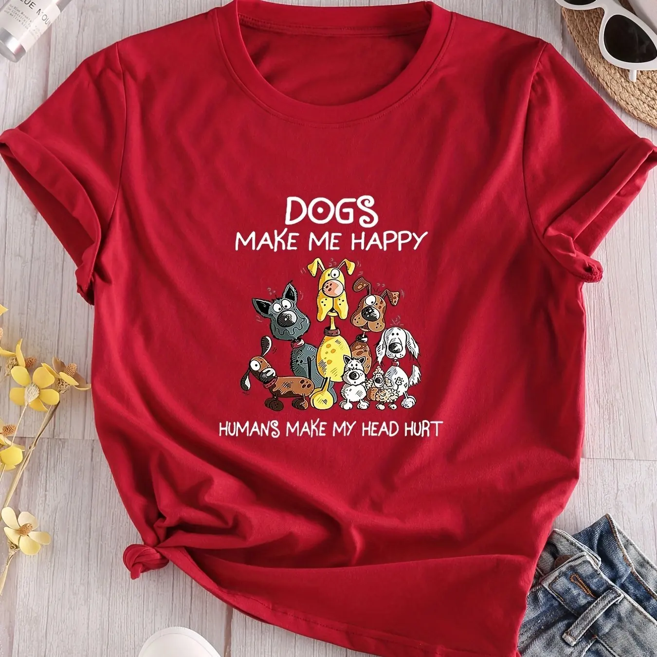 Cartoon Dogs make me happy Print Crew Neck T-shirt Casual Short Sleeve Fashion Summer T-Shirts Tops  Kawaii Y2K Clothing