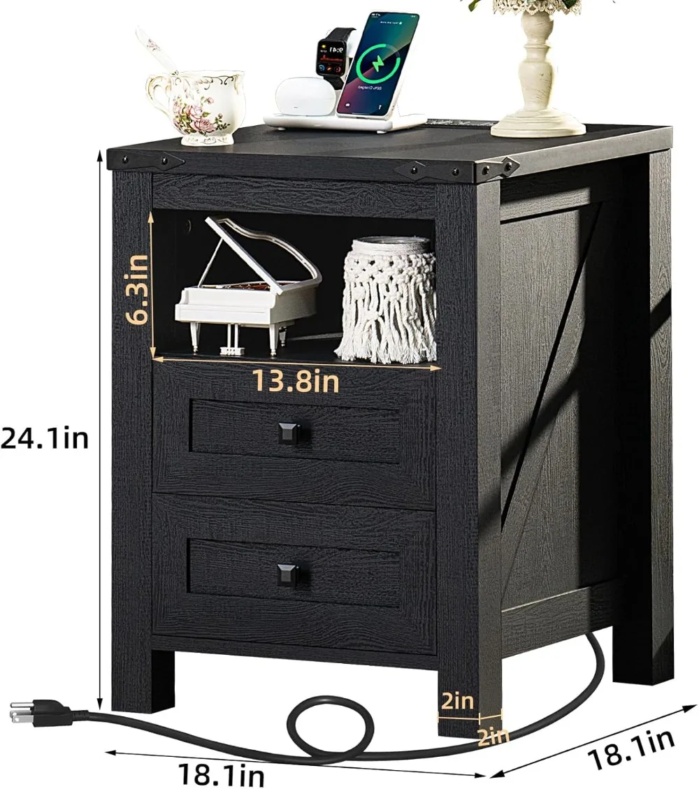 Farmhouse Night Stand with 2 Drawers and Shelf Storage, Wooden,Bedside Cabinet for Bedroom, Living Room, Closet,Office (Black)