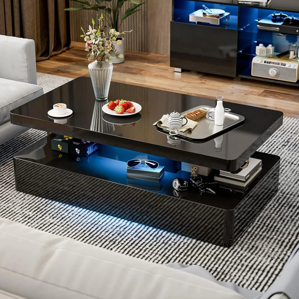 Mesa de centro de alto brillo, mesa de centro moderna para sala de estar, diseño rectangular de 2 niveles, 16 colores, luz LED negra