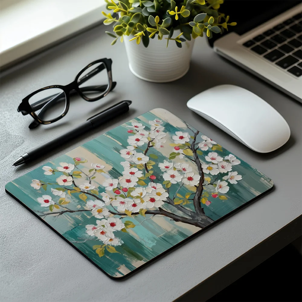 Sakura mouse pad Blue green background with white design Square desk mat rubber edge pads office accessories Desktop decoration